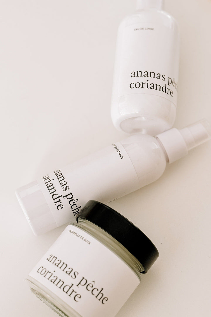 ENSEMBLE CADEAU - Ananas pêche coriandre - Bruine, eau de linge et chandelle