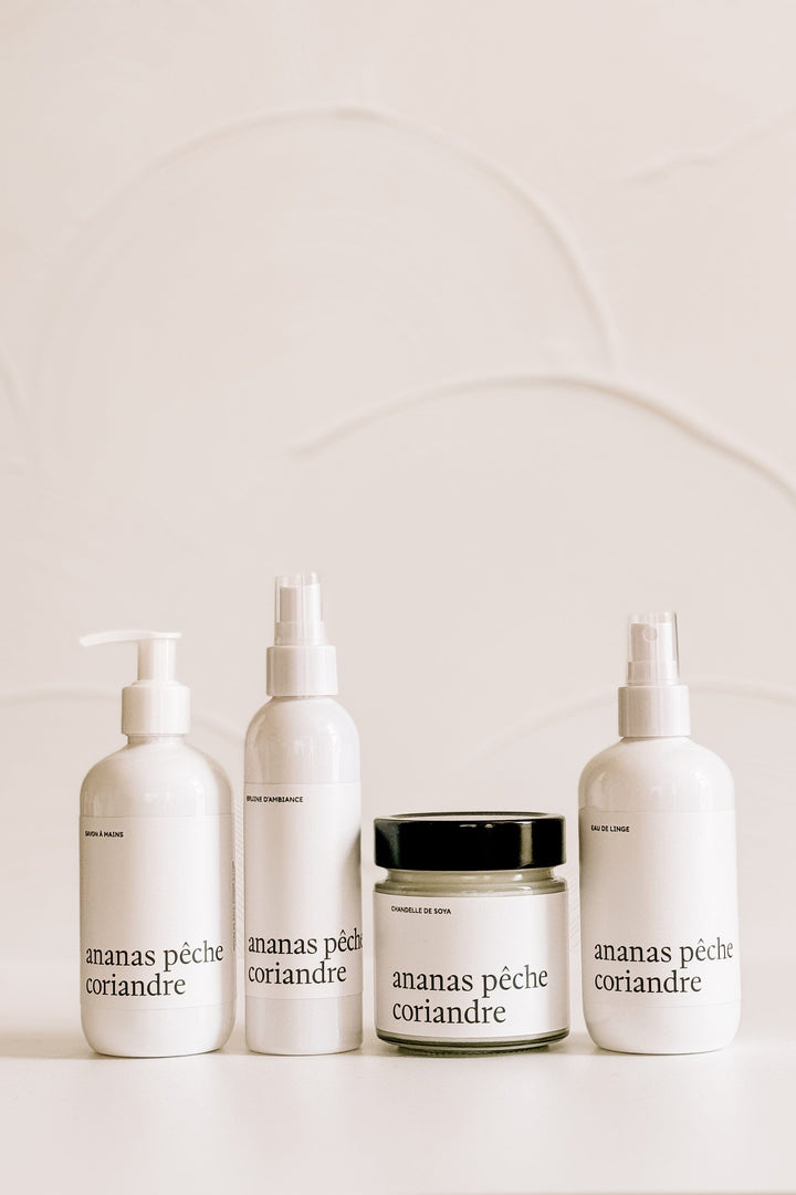 ENSEMBLE COMPLET - Ananas pêche coriandre - Bruine, eau de linge, savon à mains et chandelle