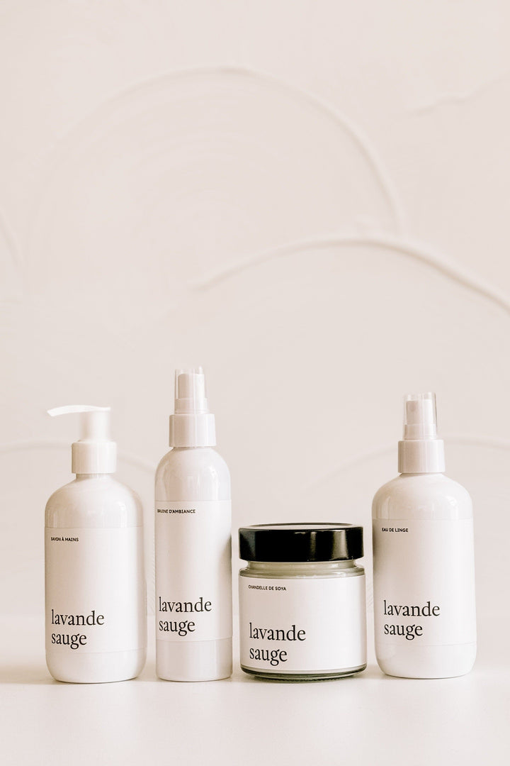 ENSEMBLE COMPLET - Lavande sauge - Bruine, eau de linge, savon à mains et chandelle