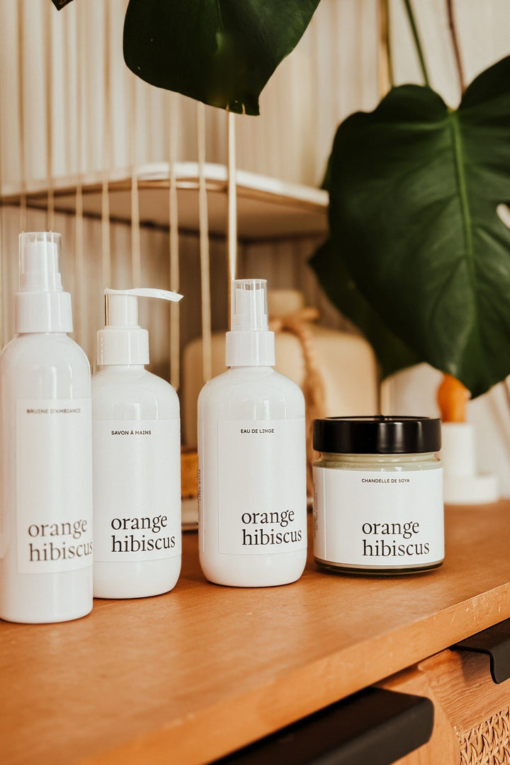 ENSEMBLE COMPLET - Orange hibiscus - Bruine, eau de linge, savon à mains et chandelle