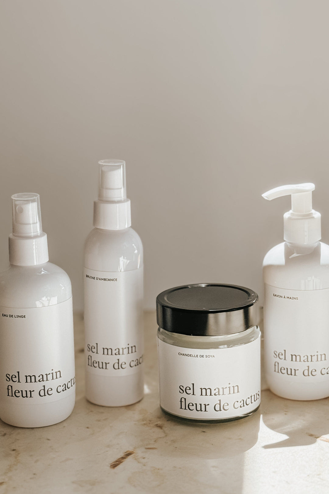 ENSEMBLE COMPLET - Sel marin fleur de cactus - Bruine, eau de linge, savon à mains et chandelle