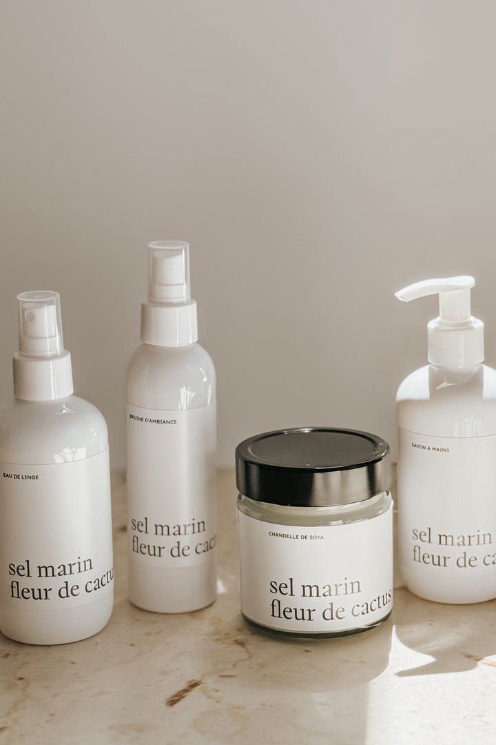 ENSEMBLE COMPLET - Sel marin fleur de cactus - Bruine, eau de linge, savon à mains et chandelle