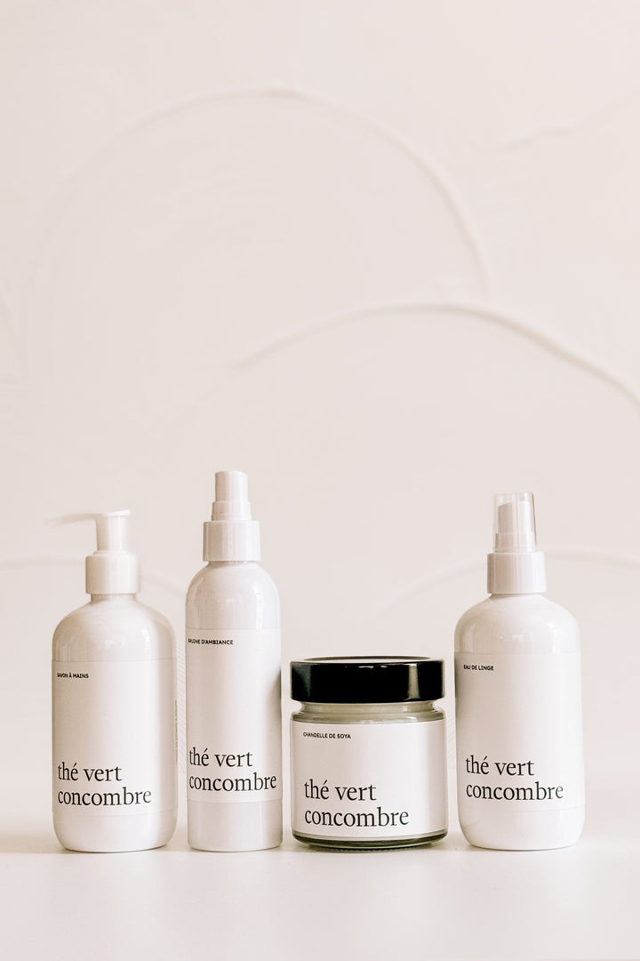 ENSEMBLE COMPLET - Thé vert concombre - Bruine, eau de linge, savon à mains et chandelle