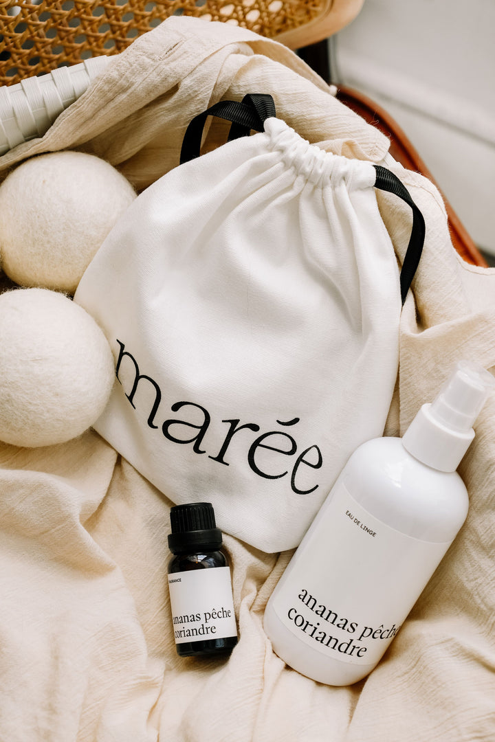 ENSEMBLE LESSIVE - Ananas pêche coriandre - Fragrance, eau de linge et balles de séchage Lessive Marée - Chandelles 