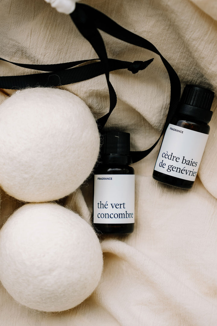 Ensemble cadeau - Balles de séchage et fragrances - Cèdre baies de genévrier & Thé vert concombre Marée - Chandelles 