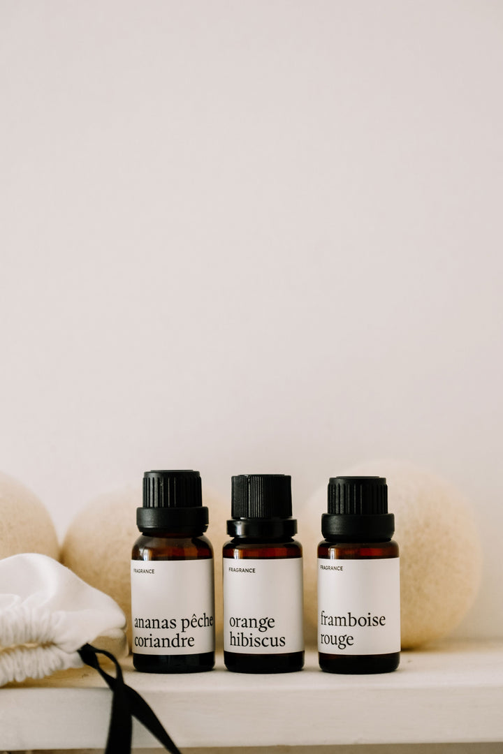 Ensemble lessive - Balles de séchage et fragrances - Orange hibiscus, Framboise rouge & Ananas pêche coriandre Marée - Chandelles 