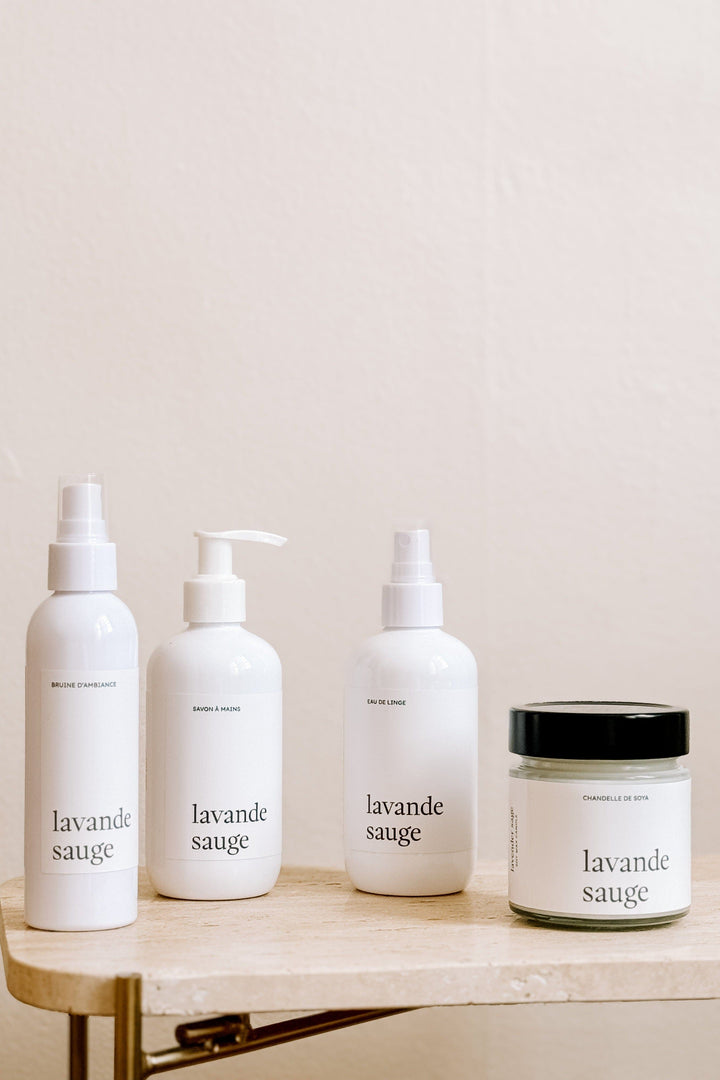 ENSEMBLE COMPLET - Lavande sauge - Bruine, eau de linge, savon à mains et chandelle