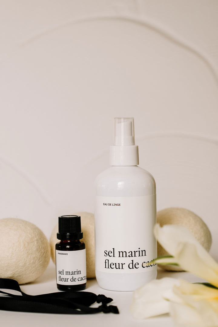 ENSEMBLE LESSIVE - Sel marin fleur de cactus - Fragrance, eau de linge et balles de séchage Marée - Chandelles 