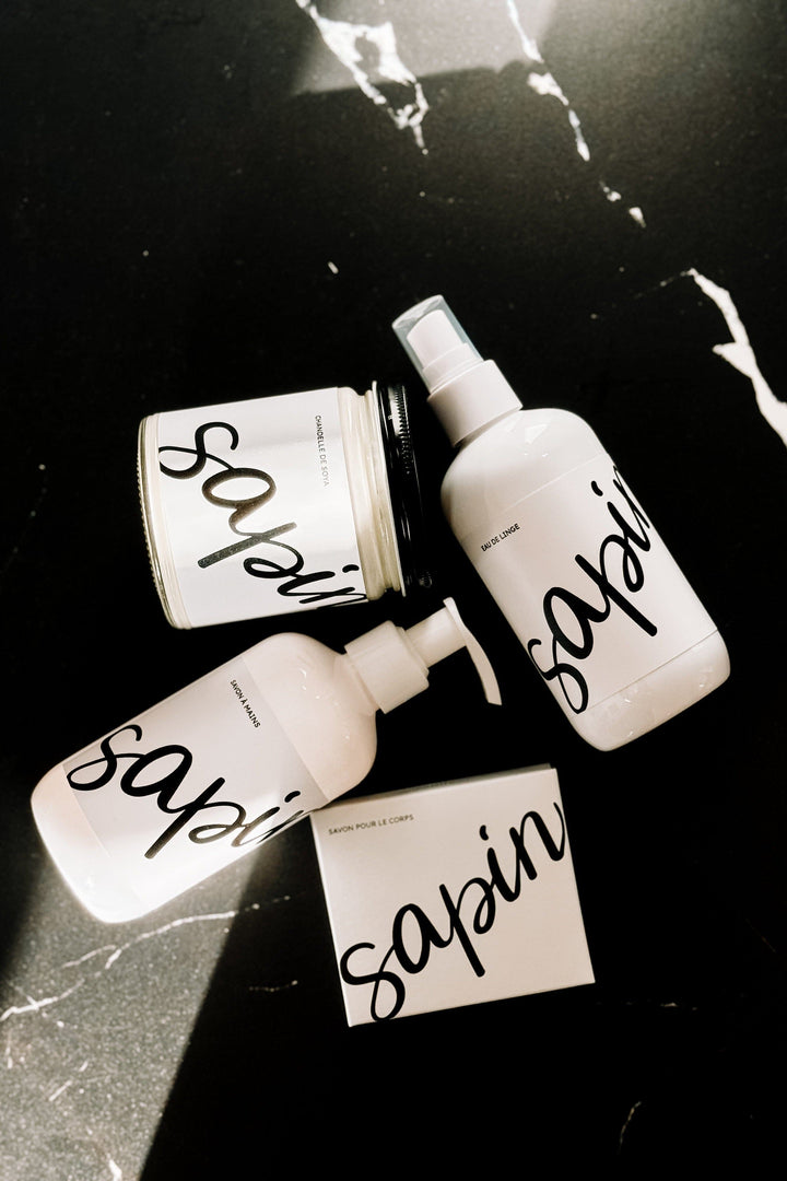 Ensemble découverte - Sapin - Chandelle de soya, savon pour le corps, eau de linge, savon à mains