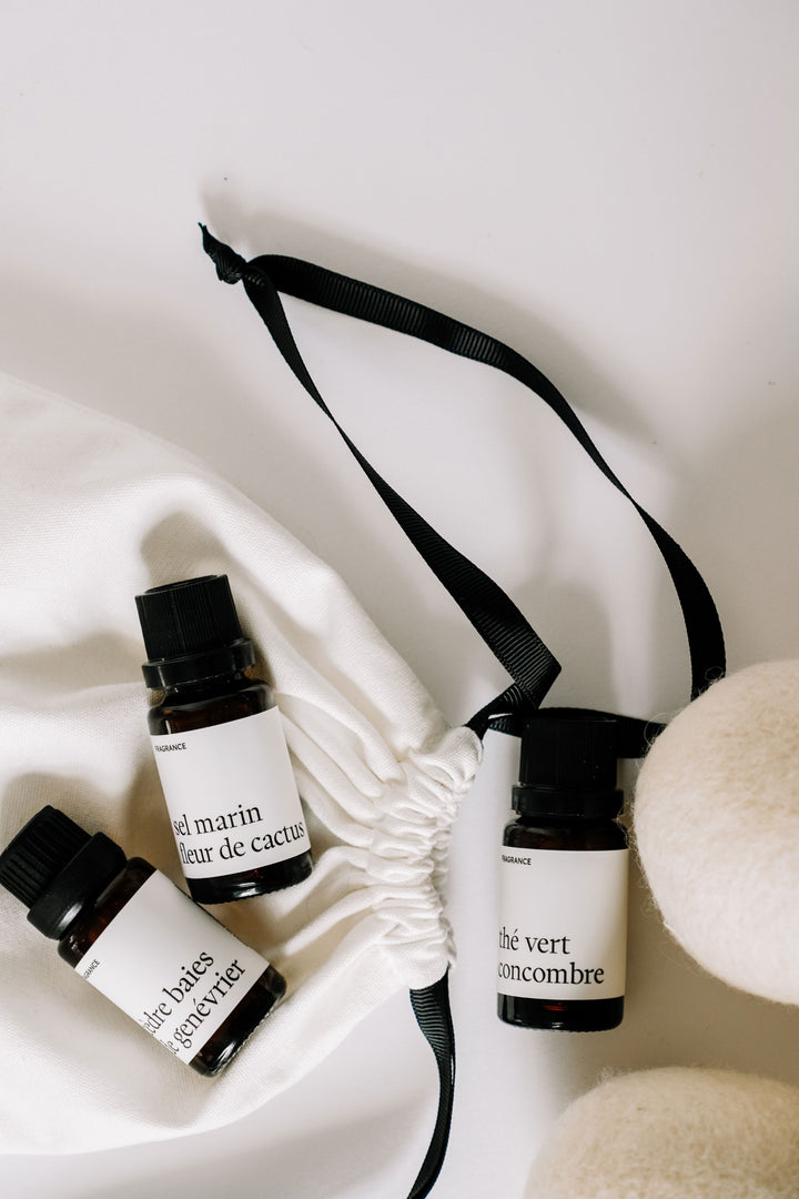 Ensemble lessive - Balles de séchage et fragrances - Cèdre baies de genévrier, Sel marin fleur de cactus & Thé vert concombre Marée - Chandelles 