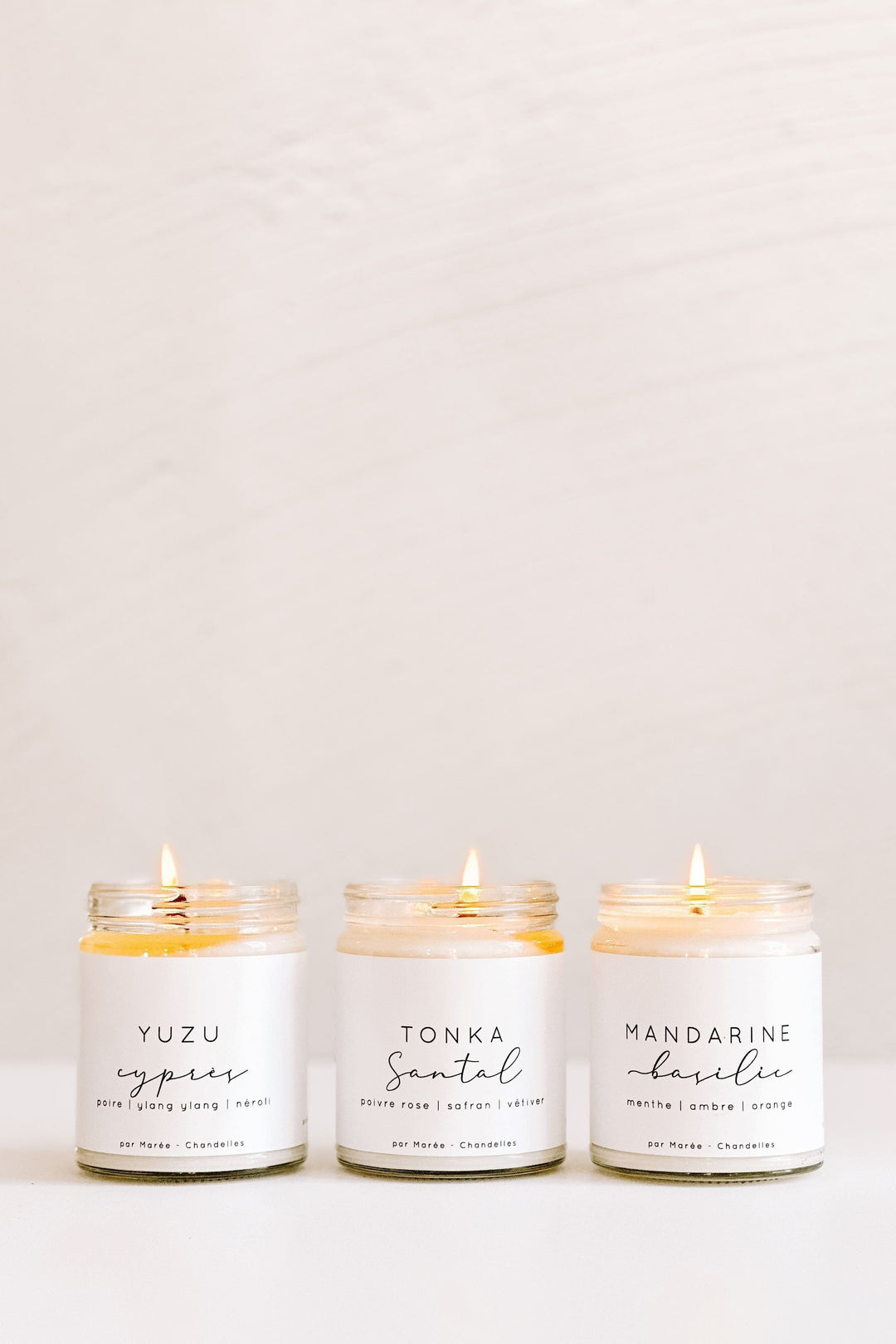 TRIO CHANDELLES DE SOYA - Mandarine basilic / Yuzu cyprès / Tonka santal Marée - Chandelles 