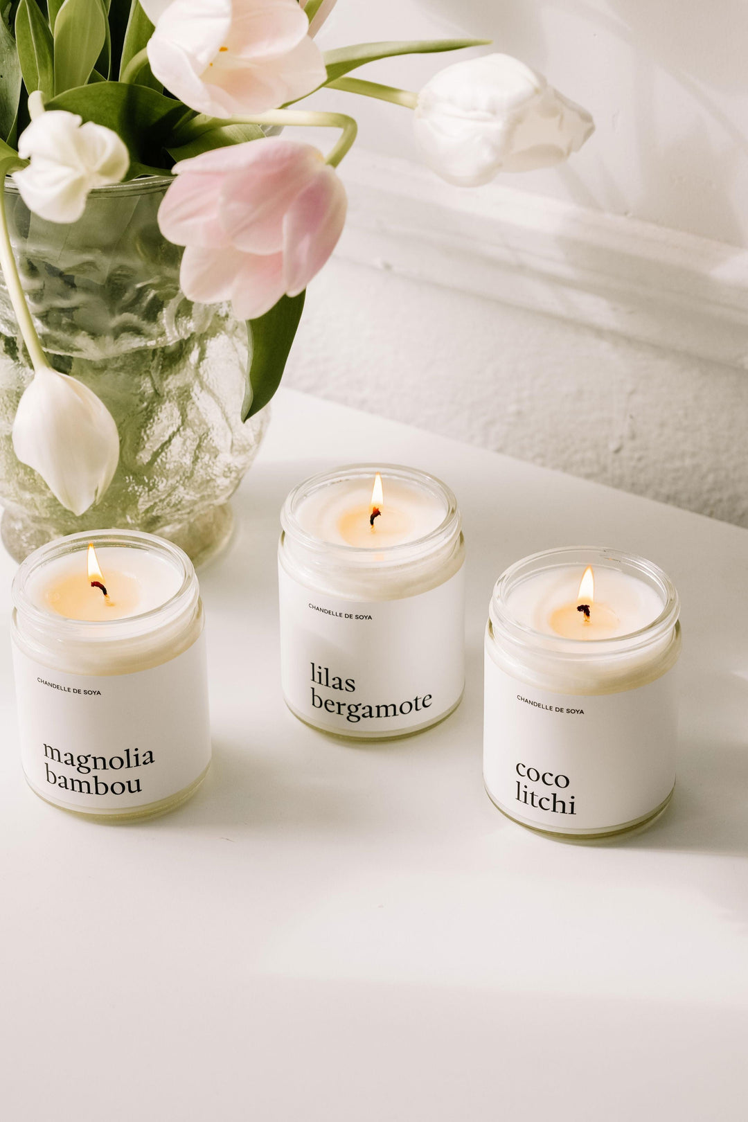 TRIO DE CHANDELLES DE SOYA - Lilas bergamote / Magnolia bambou / Coco litchi Marée - Chandelles 