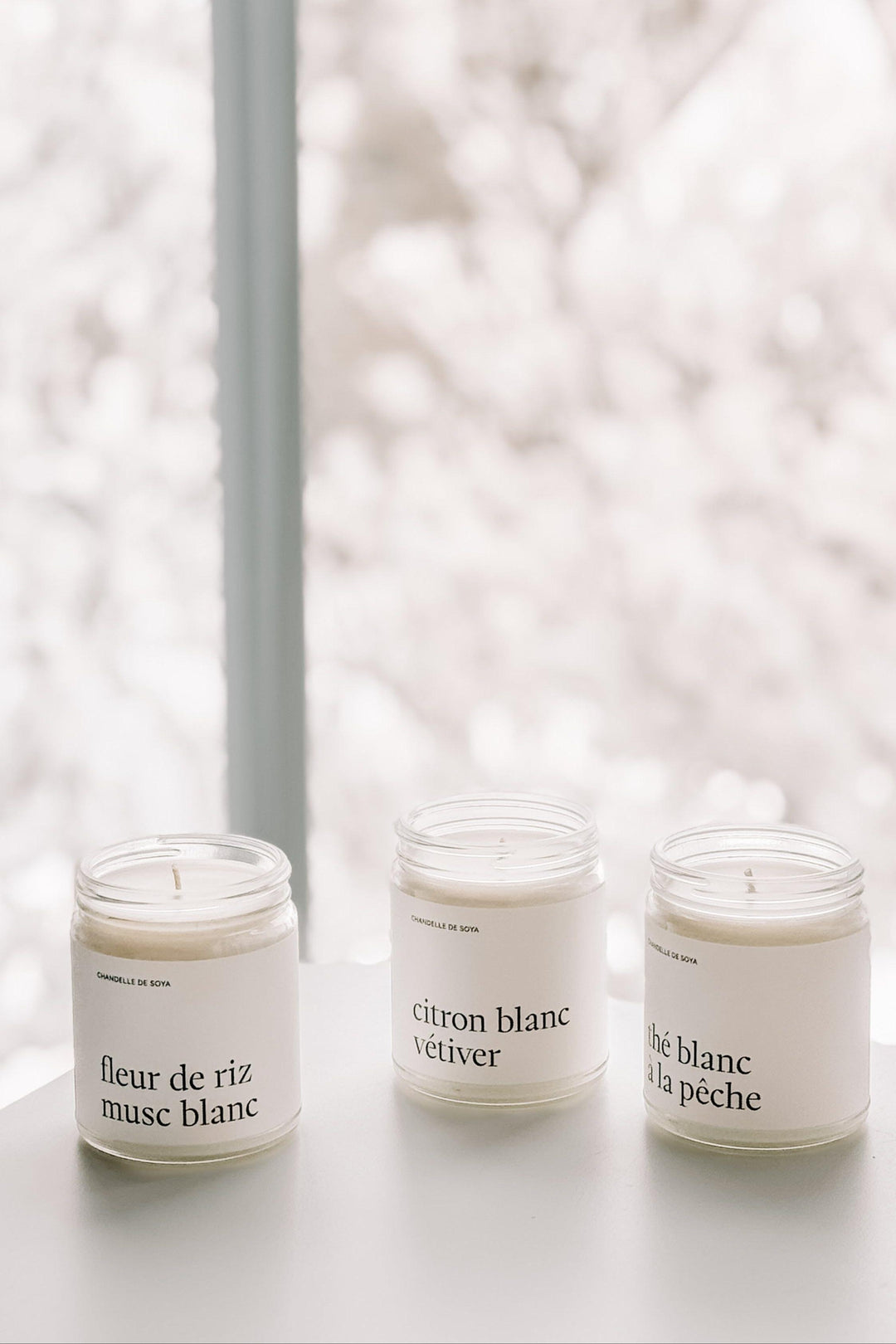 TRIO DE CHANDELLES - Fleur de riz musc blanc / Citron blanc vétiver / Thé blanc à la pêche Marée - Chandelles 