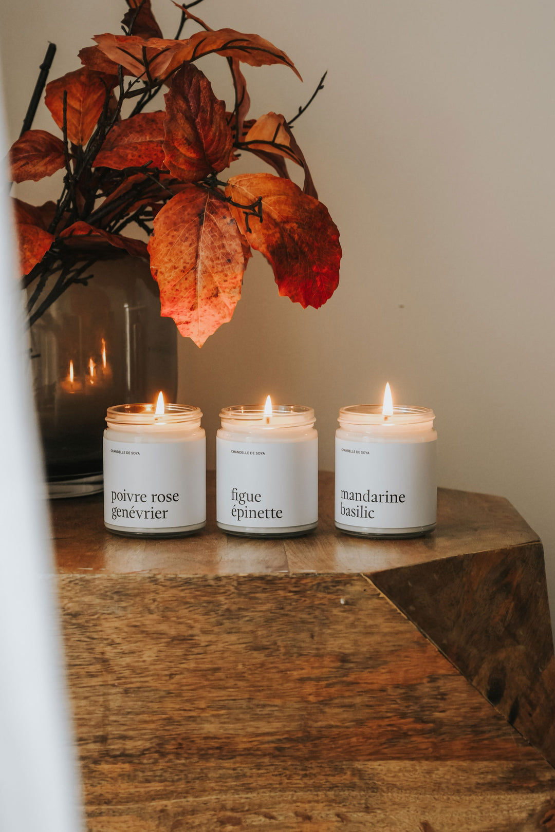 Trio de chandelles - Poivre rose genévrier/Figue épinette/Mandarine basilic Marée - Chandelles 