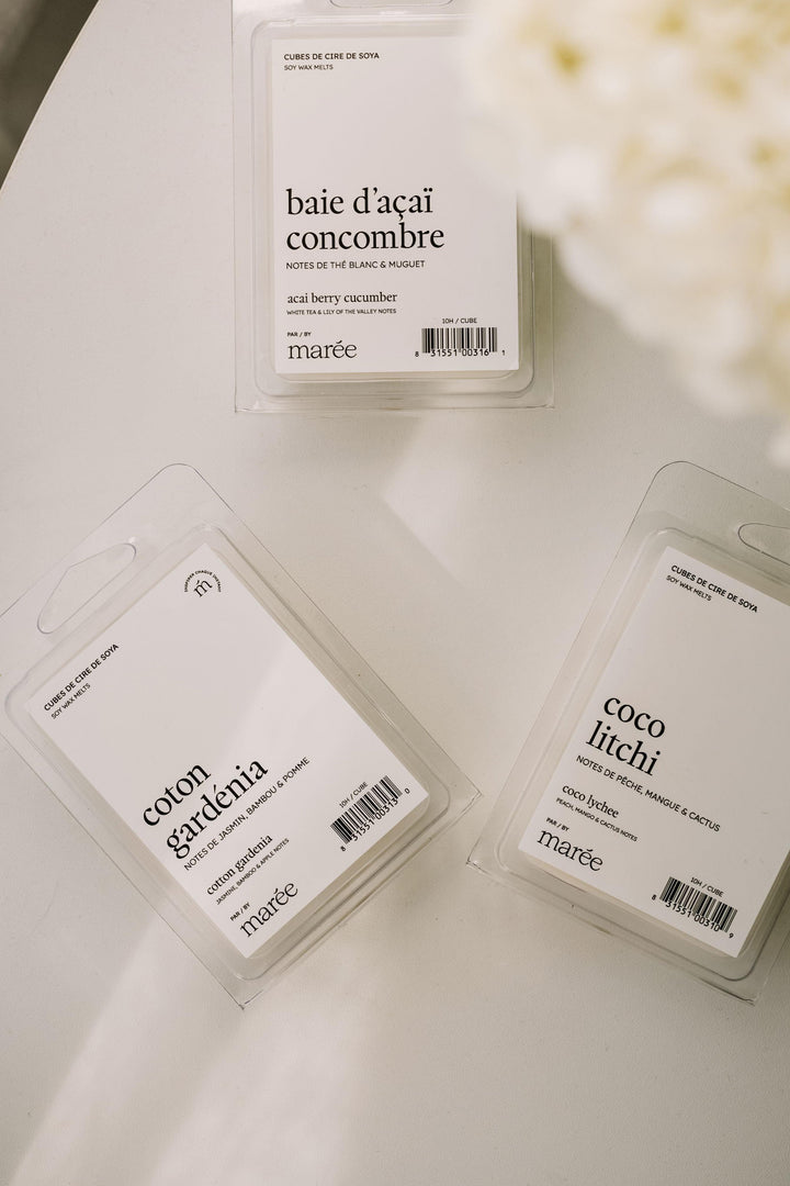 Trio de cubes de cire - Coton gardénia/Baie d'açaï concombre/Coco litchi