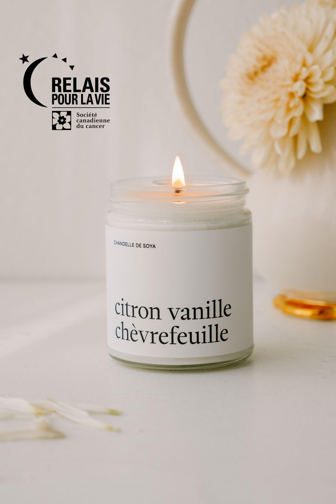 CHANDELLE DE SOYA - Relais pour la vie - Caroline - Citron vanille chèvrefeuille Chandelles de soya Caritatif 